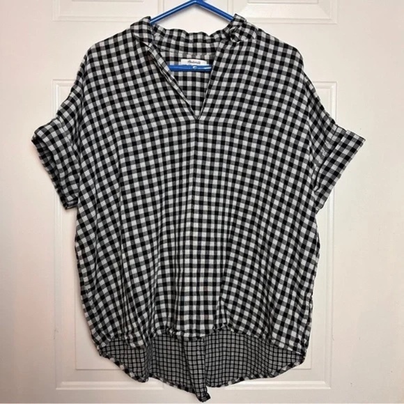 Madewell black white checkered plaid split neck top size Large - Picture 1 of 5